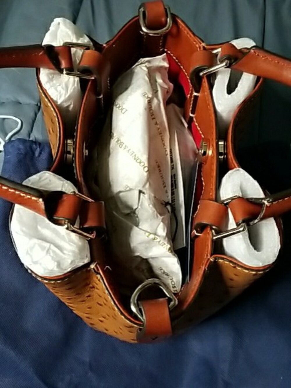Dooney & Bourke Tan Ostrich-Embossed Satchel Mini with Brown Trim - Picture 8 of 13